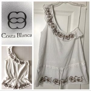 NWOT Lg 1 Shoulder Embroidered White Cotton Blouse